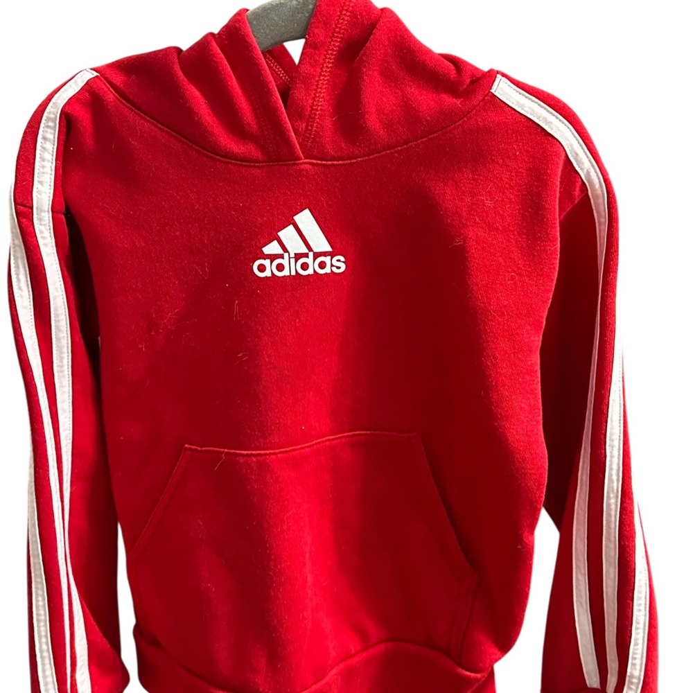 adidas Red Kids Hoodie with White 3-Stripe Detail - Picture 3 of 5